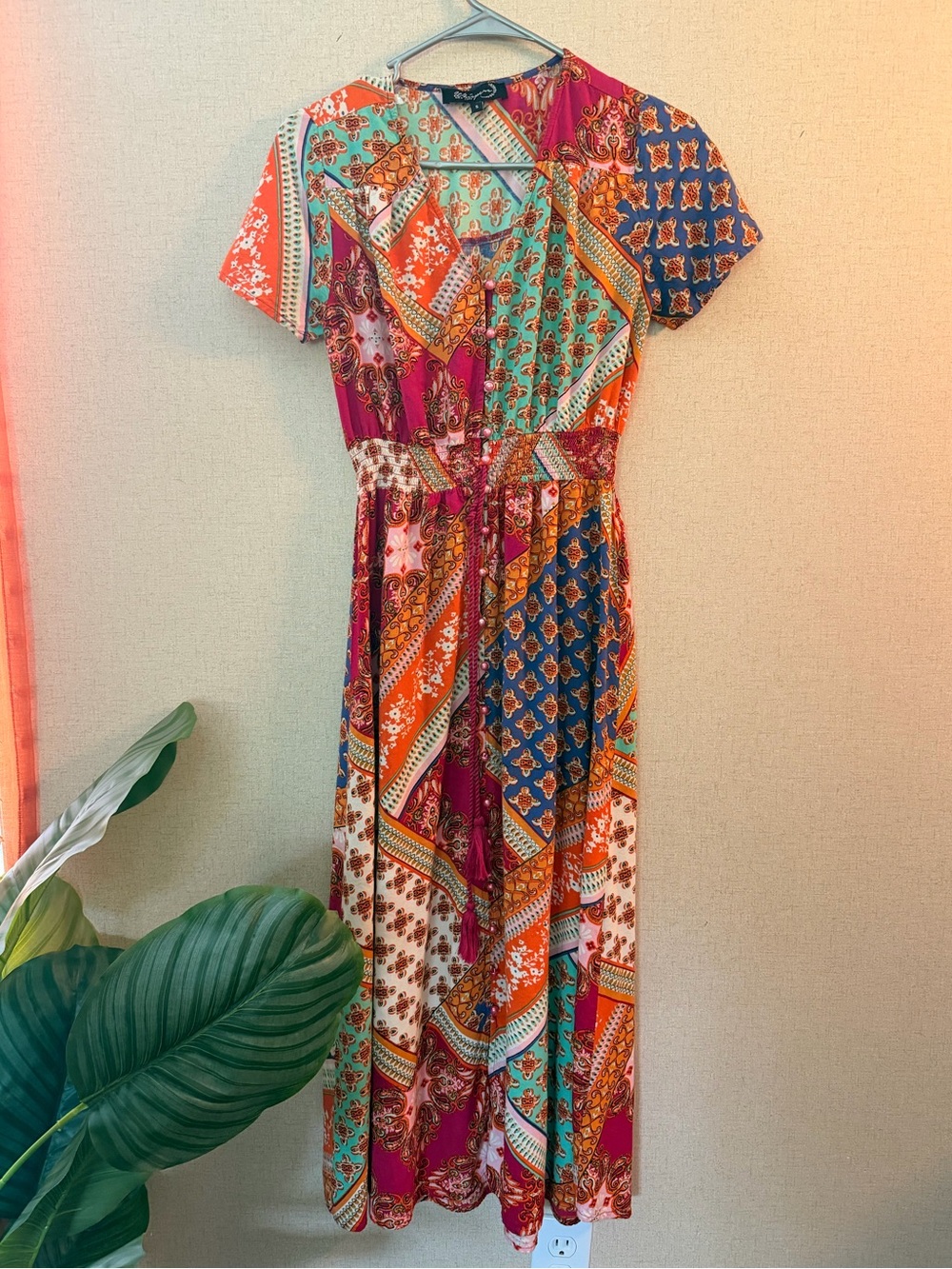 Whispers New York Boho Patchwork Floral Print Maxi Dress - Smocked Waist Tassels